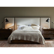 Four Hands Regan Low Profile Extra Wide Headboard Bed ~ Plinth Base Crete Ivory Upholstered Queen Size Bed