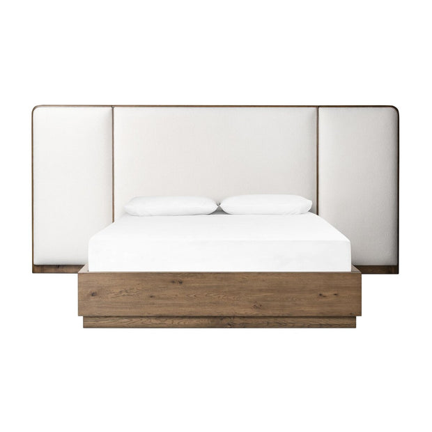 Four Hands Regan Low Profile Extra Wide Headboard Bed ~ Plinth Base Crete Ivory Upholstered Queen Size Bed