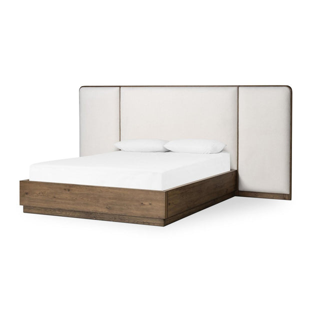 Four Hands Regan Low Profile Extra Wide Headboard Bed ~ Plinth Base Crete Ivory Upholstered King Size Bed