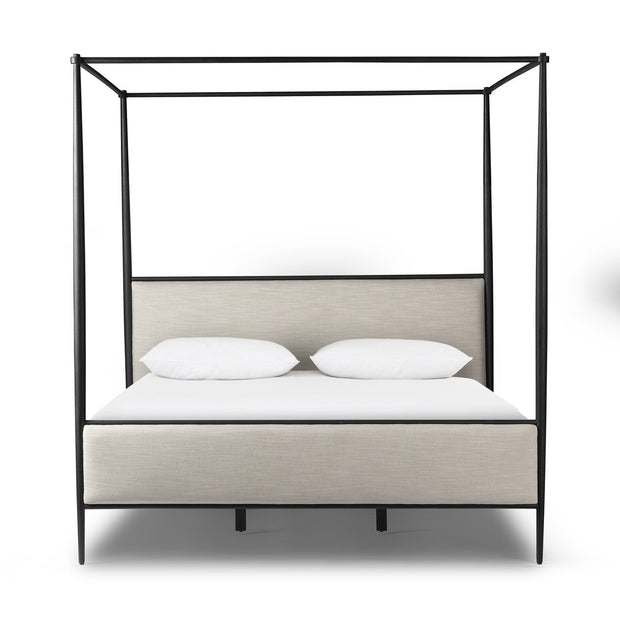 Four Hands Xander Iron Canopy Bed ~ Savoy Parchment Cream Upholstered King Size Bed