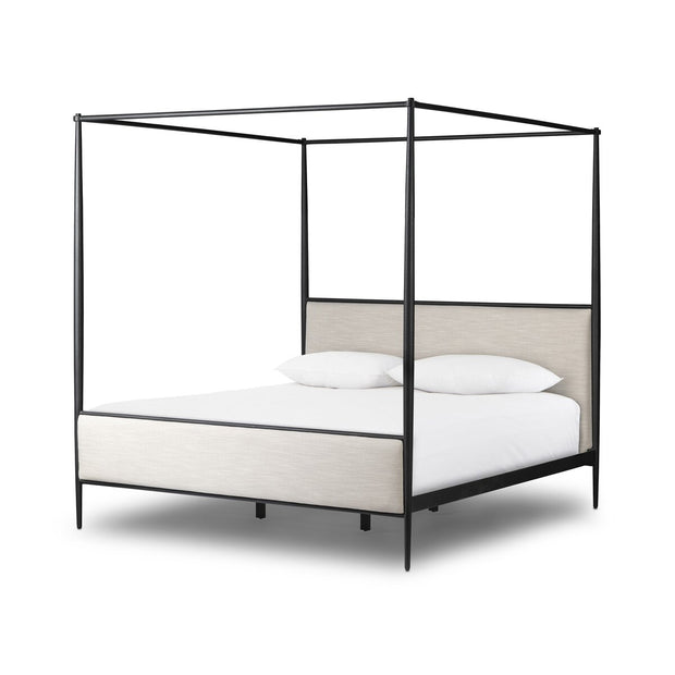 Four Hands Xander Iron Canopy Bed ~ Savoy Parchment Cream Upholstered King Size Bed