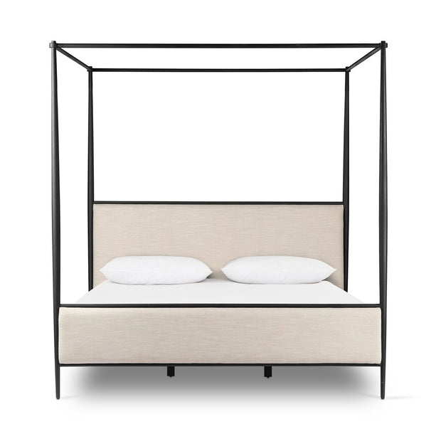 Four Hands Xander Iron Canopy Bed ~ Savoy Parchment Cream Upholstered Queen Size Bed