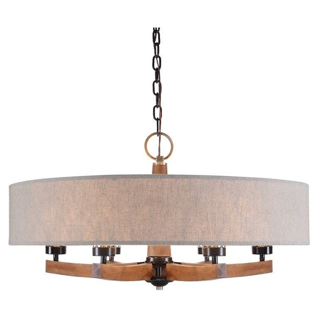 Uttermost Woodall Oatmeal Linen Shade with Curved Wood 6 Light Chandelier