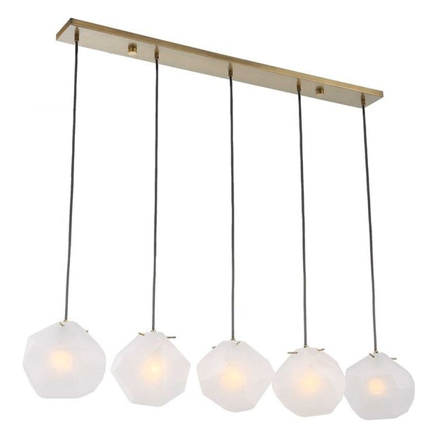 Uttermost Geodesic Frosted Geometric Shaped Glass With Matte Antique Brass Finish Linear 5 Light Pendant