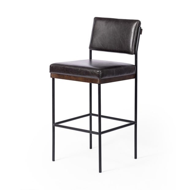 Four Hands Benton Counter Stool ~ Sonoma Black Leather Cushioned Seat and Back