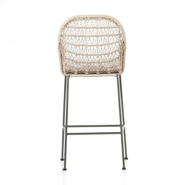Four Hands Bandera Outdoor Bar Stool ~ Vintage White All Weather Wicker With White Seat Cushion