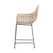 Four Hands Bandera Outdoor Counter Stool ~ Vintage White All Weather Wicker With White Seat Cushion