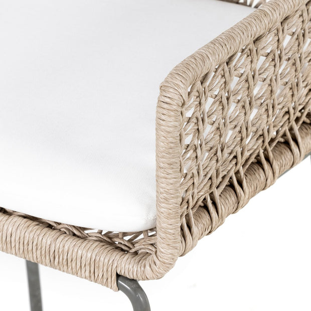 Four Hands Bandera Outdoor Counter Stool ~ Vintage White All Weather Wicker With White Seat Cushion