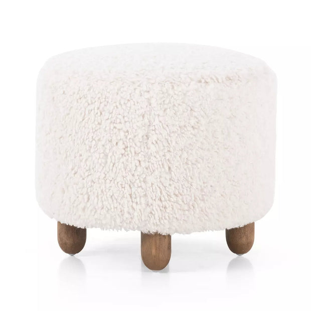 Four Hands Aniston Shearling Round Ottoman ~ Andes Natural Upholstered Faux Mongolian Shearling Fur