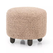 Four Hands Aniston Shearling Round Ottoman ~ Andes Toast Upholstered Faux Mongolian Shearling Fur
