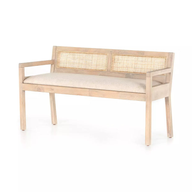 Four Hands Clarita Woven Cane Accent Bench ~ White Wash Mango With Thames Cream Performance Fabric Cushioned Seat