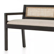 Four Hands Clarita Woven Cane Accent Bench ~ Black Mango With Thames Cream Performance Fabric Cushioned Seat