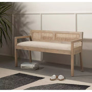 Four Hands Clarita Woven Cane Accent Bench ~ White Wash Mango With Thames Cream Performance Fabric Cushioned Seat