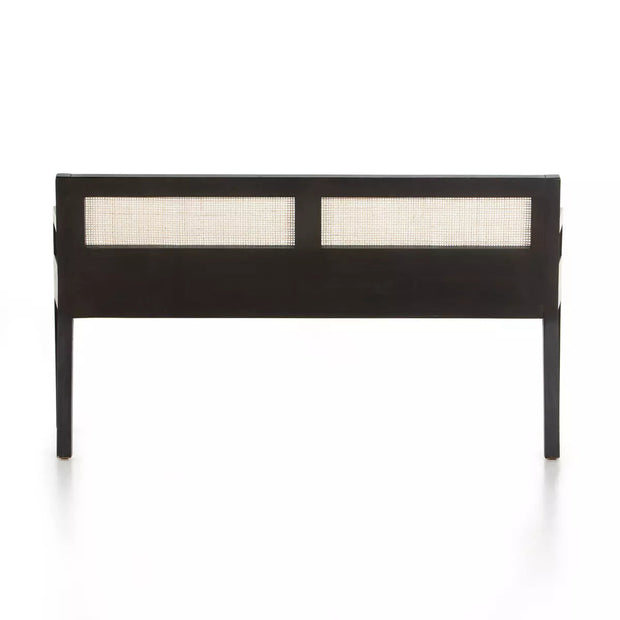 Four Hands Clarita Woven Cane Accent Bench ~ Black Mango With Thames Cream Performance Fabric Cushioned Seat