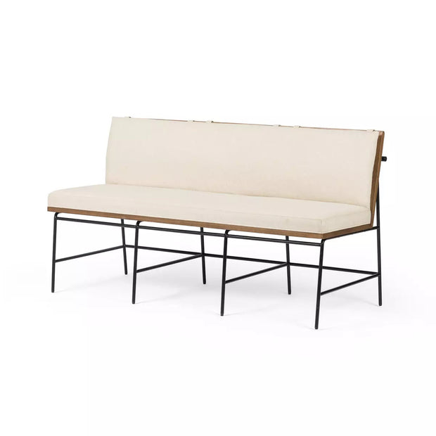 Four Hands Crete Black Iron and Wood Dining Bench ~ Saville Flax Performance Linen Blend Fabric Cushioned Seat