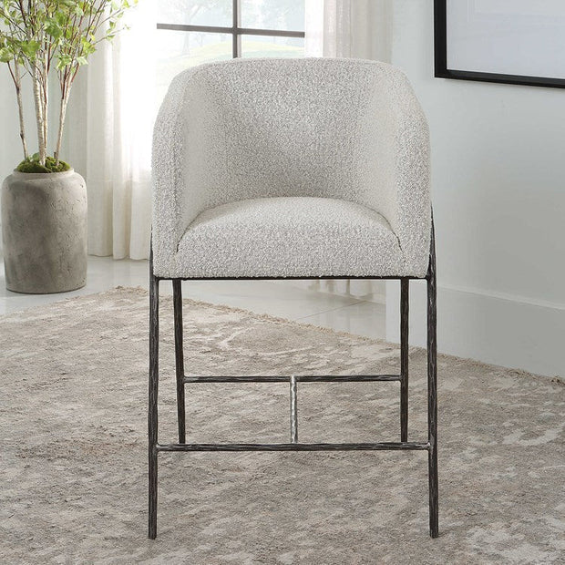 Uttermost Jacobsen Ivory & Gray Boucle Performance Fabric Counter Stool With Aged Black Finish Iron Base