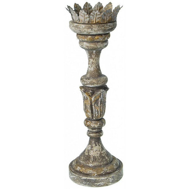 Provence Home Distressed French Grey, Gold & Brown Antiqued Carved Wood Candle Holder