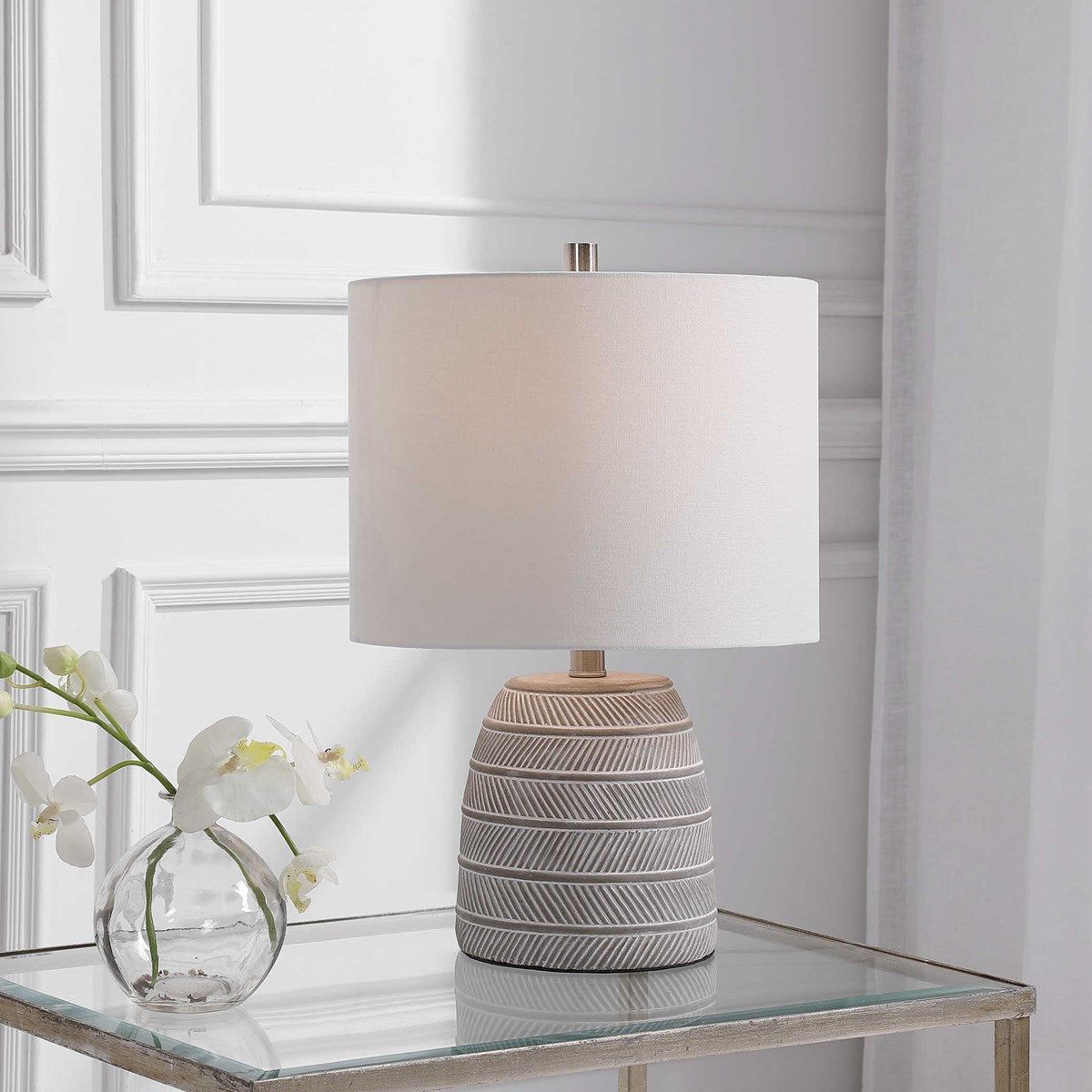 Casa Bella Living Light Beige Linen Drum Shade With White Etched