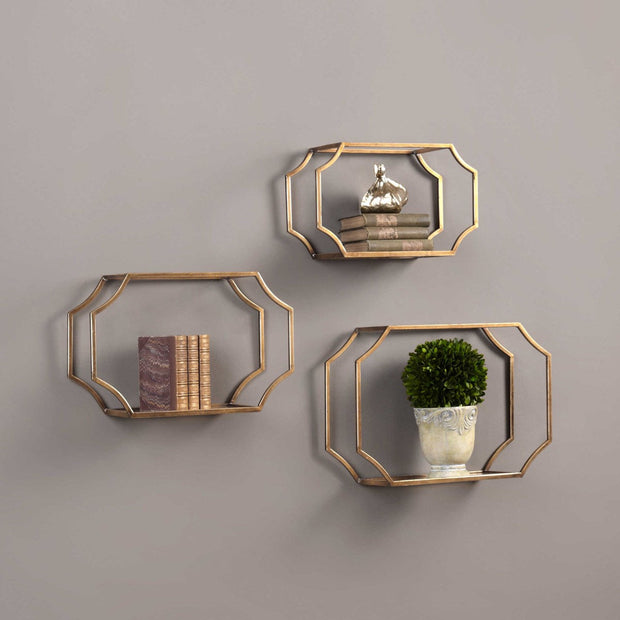 Uttermost Lindee Antiqued Gold Leaf and Glass Set of 3 Wall Shelves