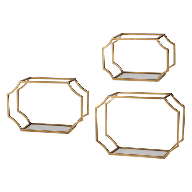 Uttermost Lindee Antiqued Gold Leaf and Glass Set of 3 Wall Shelves