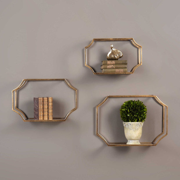 Uttermost Lindee Antiqued Gold Leaf and Glass Set of 3 Wall Shelves