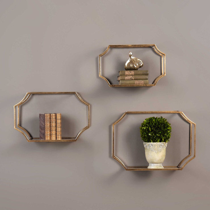 Uttermost Lindee Antiqued Gold Leaf and Glass Set of 3 Wall Shelves