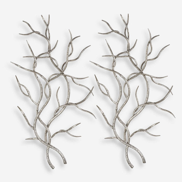 Uttermost Silver Branches Silver Leaf Hammered Iron Set of 2 Metal Wall Decor