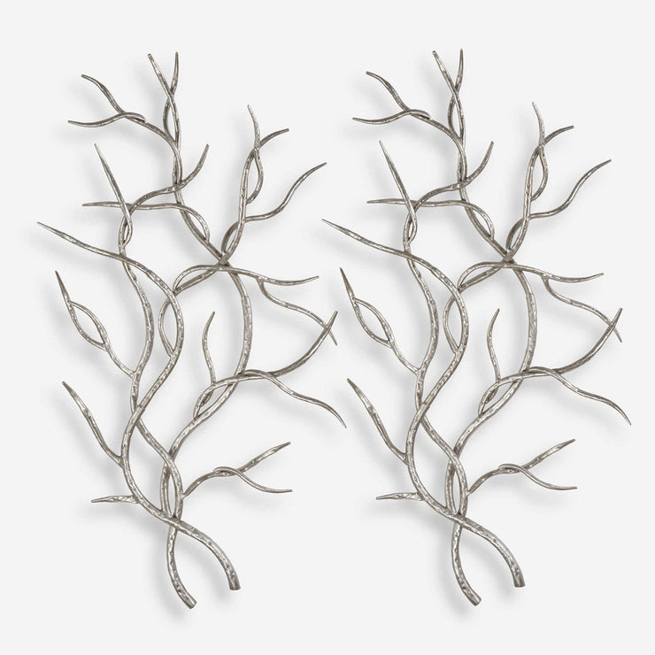 Uttermost Silver Branches Silver Leaf Hammered Iron Set of 2 Metal Wall Decor