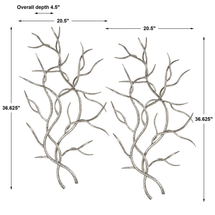 Uttermost Silver Branches Silver Leaf Hammered Iron Set of 2 Metal Wall Decor