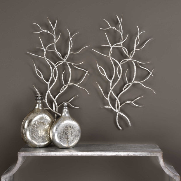 Uttermost Silver Branches Silver Leaf Hammered Iron Set of 2 Metal Wall Decor