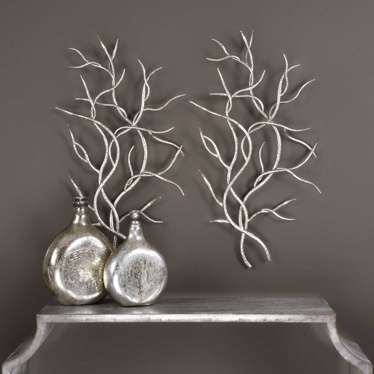 Uttermost Silver Branches Silver Leaf Hammered Iron Set of 2 Metal Wall Decor