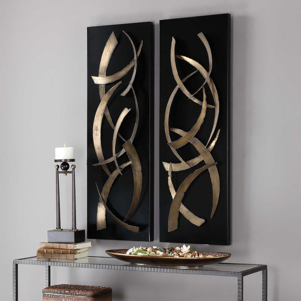 Uttermost Brushstrokes Brushed Gold and Matte Black Set of 2 Metal Wall Panels