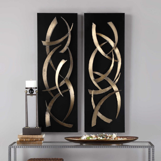Uttermost Brushstrokes Brushed Gold and Matte Black Set of 2 Metal Wall Panels