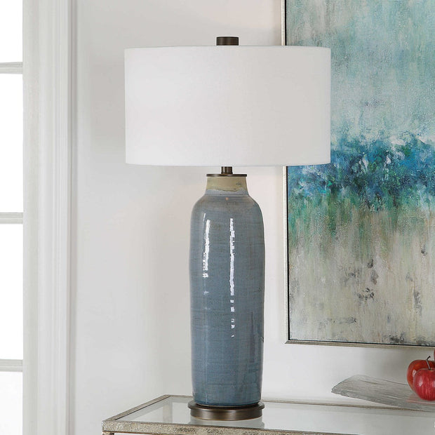 Uttermost Vicente Slate Blue Glazed Ceramic Table Lamp With White Linen Shade