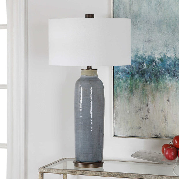 Uttermost Vicente Slate Blue Glazed Ceramic Table Lamp With White Linen Shade