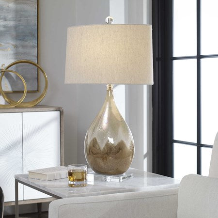 Uttermost Flavian Metallic Rust, Beige and Ivory Glazed Ceramic Table Lamp With Linen Shade