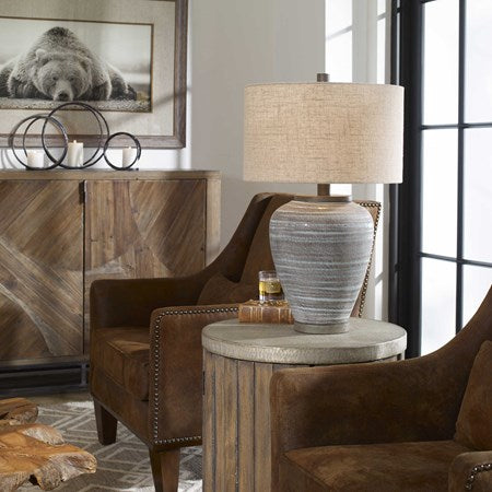 Uttermost Pelia Aqua Blue Crackled Glaze Ceramic Table Lamp With Beige Linen Shade