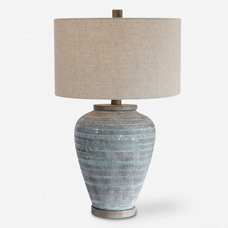 Uttermost Pelia Aqua Blue Crackled Glaze Ceramic Table Lamp With Beige Linen Shade