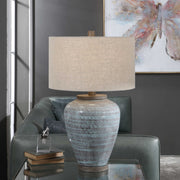 Uttermost Pelia Aqua Blue Crackled Glaze Ceramic Table Lamp With Beige Linen Shade