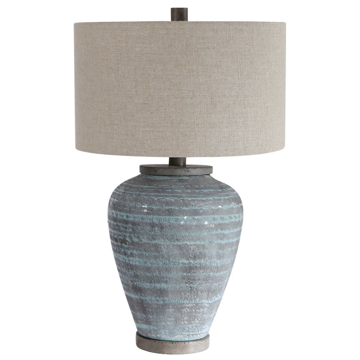 Uttermost Pelia Aqua Blue Crackled Glaze Ceramic Table Lamp With Beige Linen Shade
