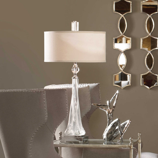 Uttermost Grancona Twisted Glass Polished Nickel Table Lamp With Off-White Linen Shade