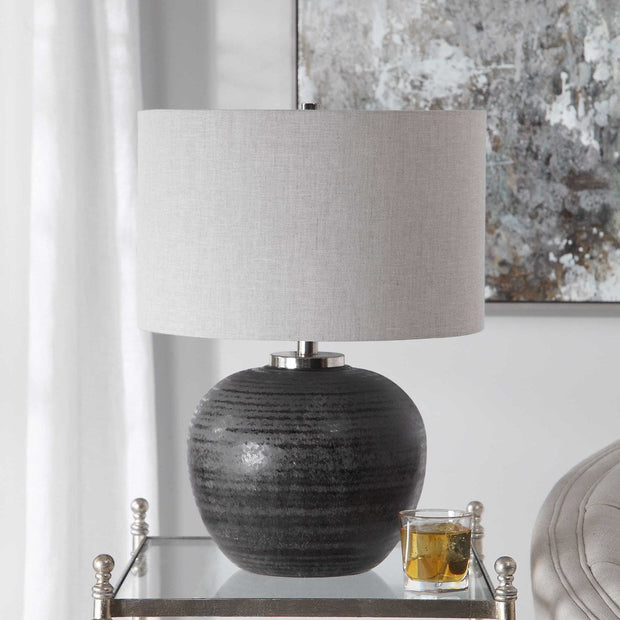 Uttermost Mikkel Charcoal Glazed Textured Ceramic Table Lamp With Oatmeal Linen Shade