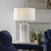 Uttermost Georgios Aged White Ceramic Cylinder Table Lamp With Linen Shade