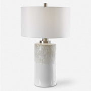 Uttermost Georgios Aged White Ceramic Cylinder Table Lamp With Linen Shade