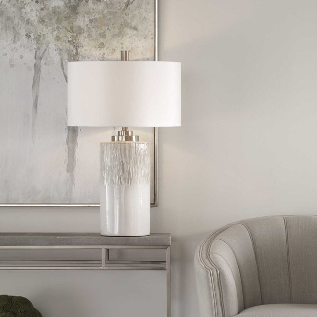 Uttermost Georgios Aged White Ceramic Cylinder Table Lamp With Linen Shade