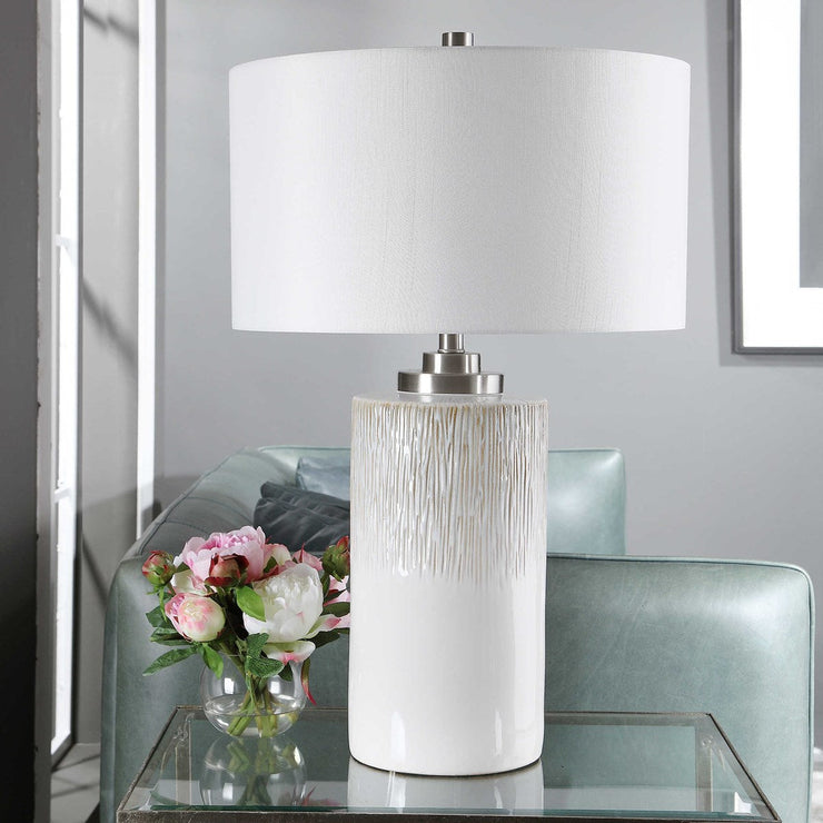 Uttermost Georgios Aged White Ceramic Cylinder Table Lamp With Linen Shade