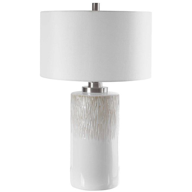 Uttermost Georgios Aged White Ceramic Cylinder Table Lamp With Linen Shade