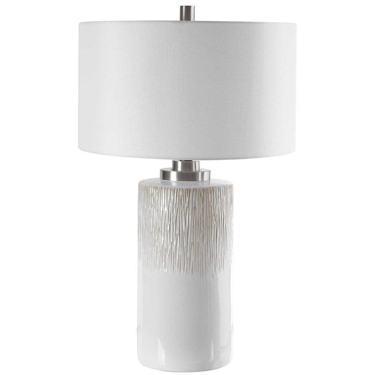 Uttermost Georgios Aged White Ceramic Cylinder Table Lamp With Linen Shade