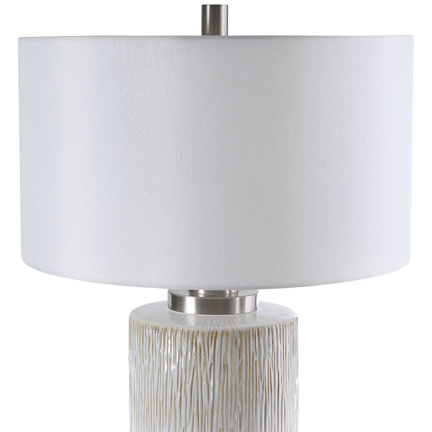 Uttermost Georgios Aged White Ceramic Cylinder Table Lamp With Linen Shade