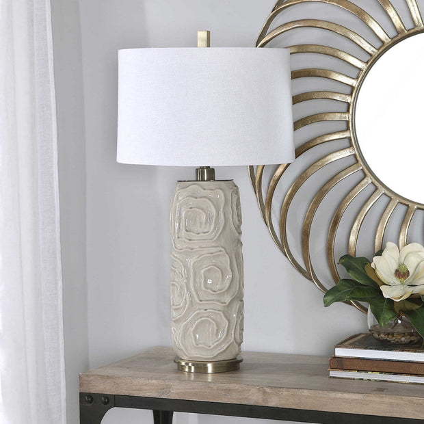 Uttermost Zade Warm Gray Glazed Ceramic Table Lamp With White Linen Shade